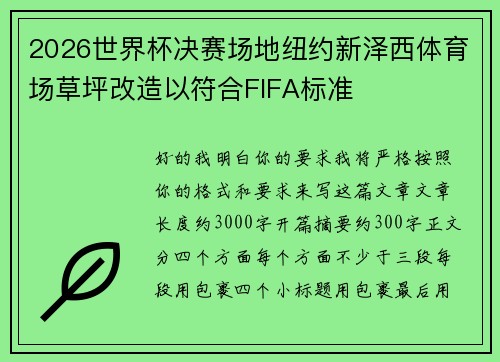 2026世界杯决赛场地纽约新泽西体育场草坪改造以符合FIFA标准